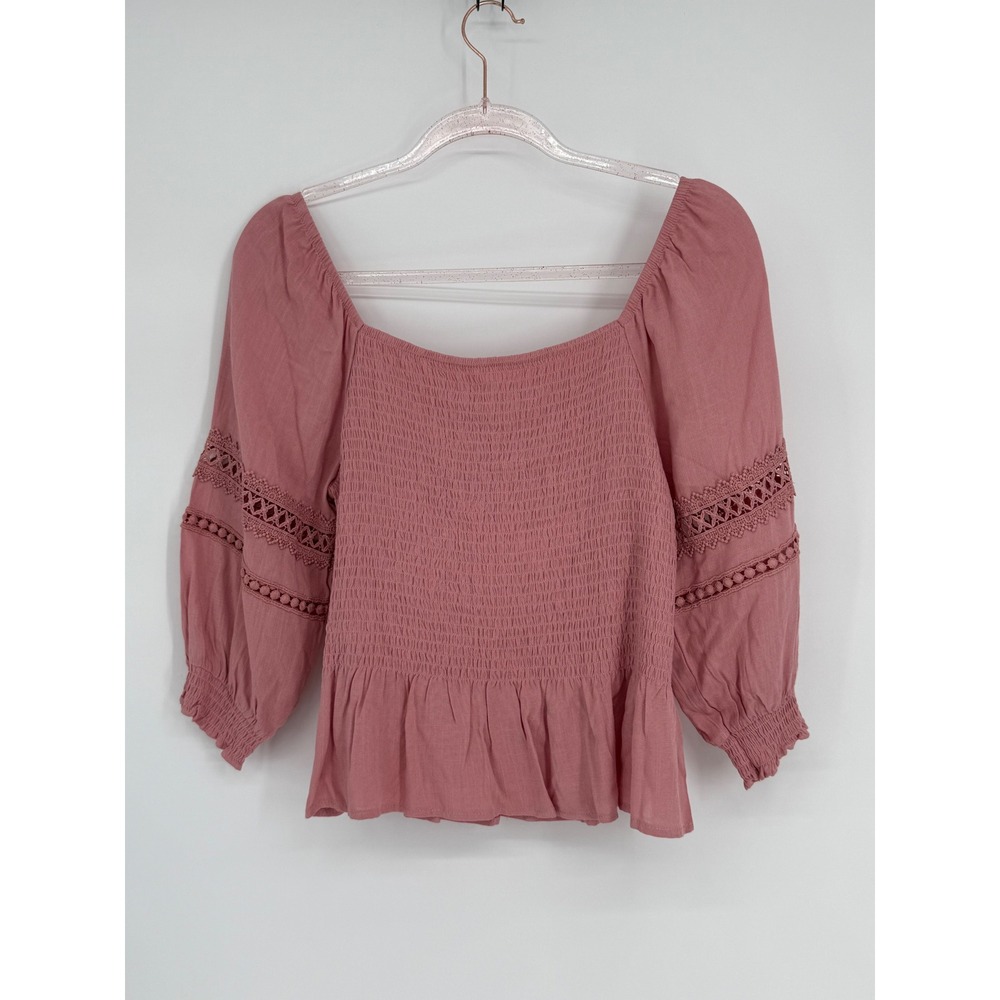 Bunulu Womens Smocked Peplum Top Pink‎ Crochet Lace Sleeve Square Neck Large NEW